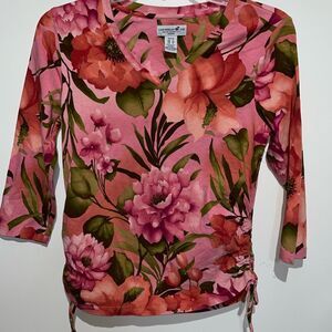 Caribbean Joe Women's Multicolor Floral V-Neck 3/4 Sleeve Blouse Petite Small